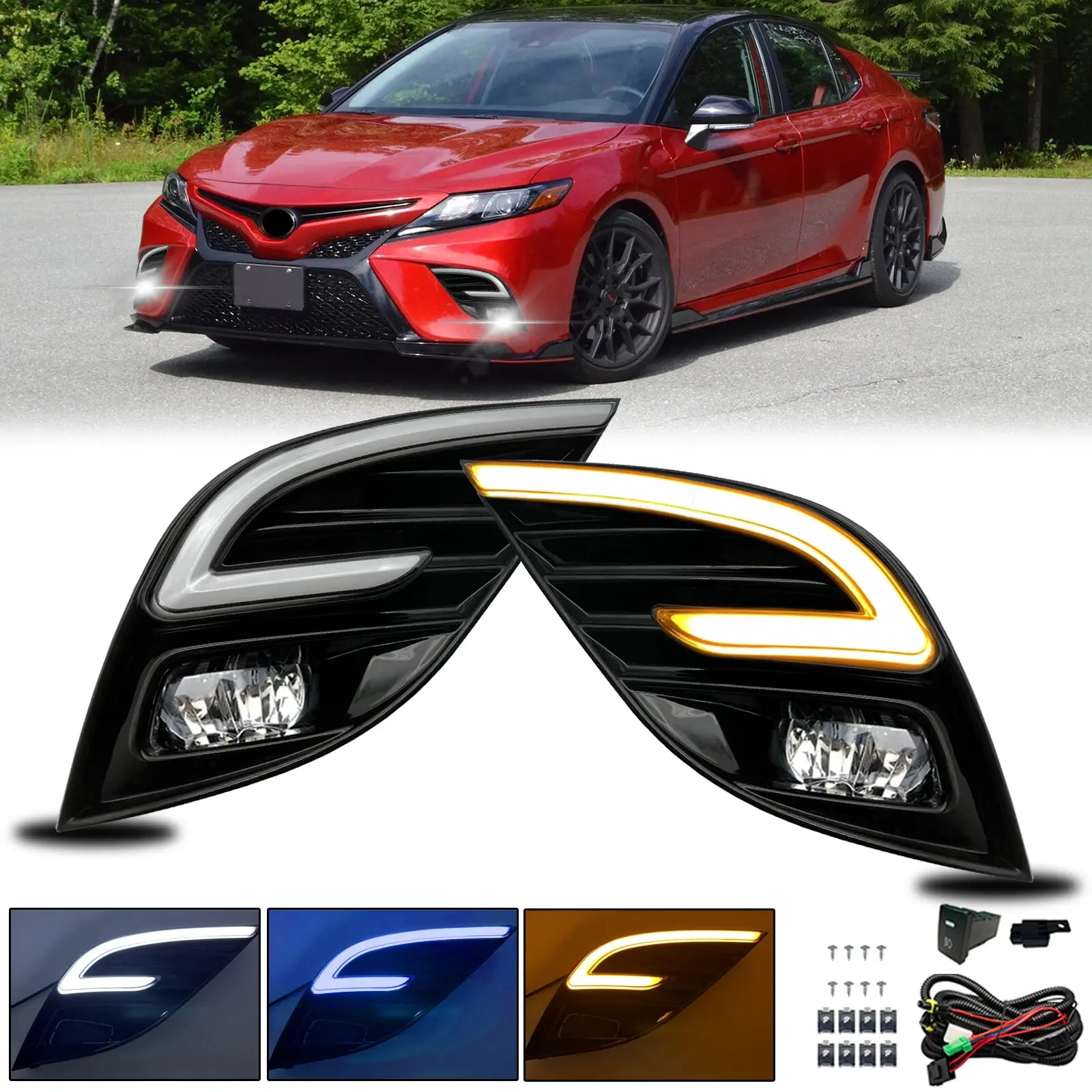 2018 - 2020 Toyota Camry SE XSE Bumper Driving LED Fog Lights Lamps Yellow w/Bezel L/R